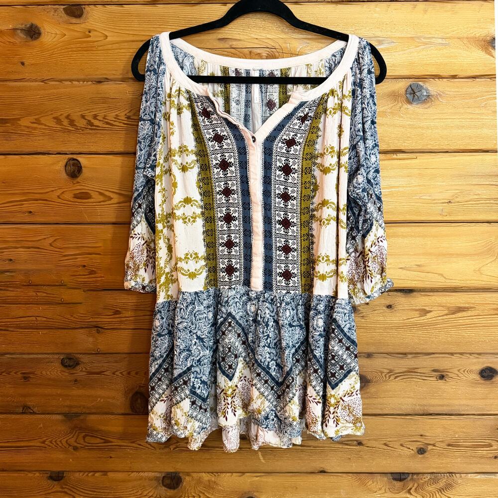 Free People Boho Patchwork Peasant Top in Blue, Cream, Olive